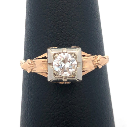 Art Nouveau Art Deco 14K Yellow Gold Diamond Solitaire Engagement Bridal Ring