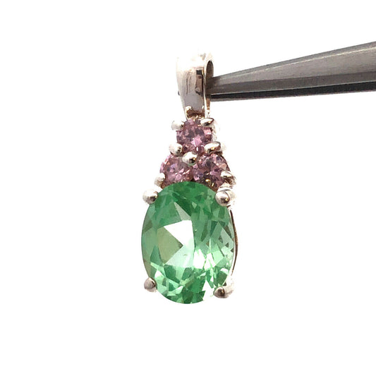 Designer HAN 925 Sterling Silver Oval Aquamarine Round Pink CZ Accent Pendant