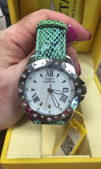 Invicta Women's Angel Quartz Stainless Steel Watch Model 18351 Green Leather