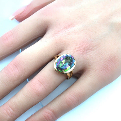14K Yellow Gold Oval Mystic Topaz Healing Good Luck Power Statement Ring