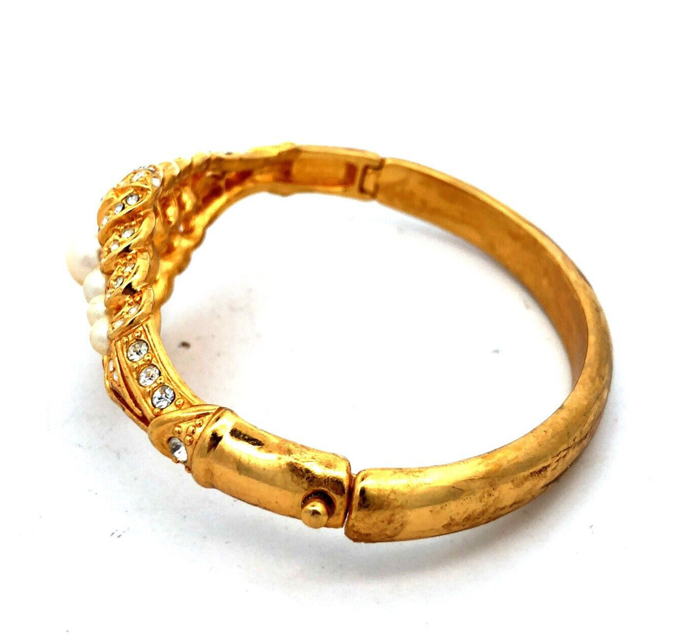 Vintage Barbara Mandrell Gold Tone Faux Pearl Rhinestone Hinged Cuff Bracelet