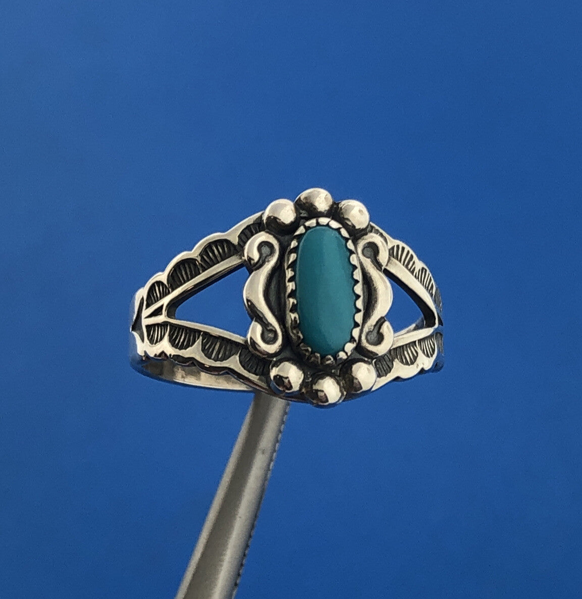 Stunning Sterling Silver 925 Cabochon Blue Turquoise Openwork Ring Size 5.25
