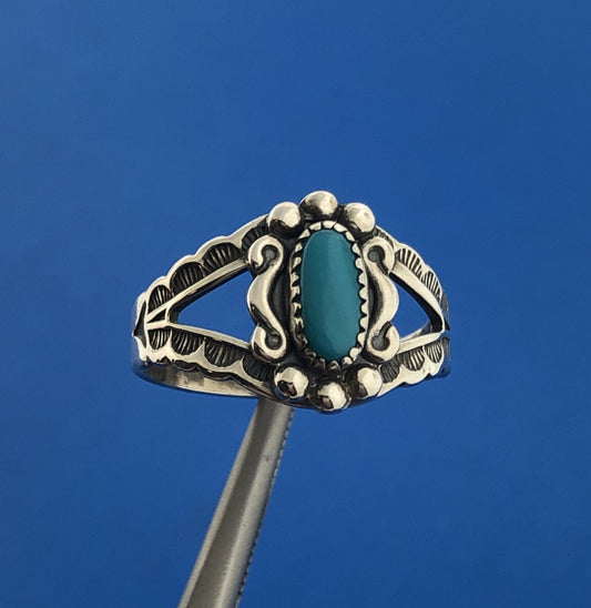 Stunning Sterling Silver 925 Cabochon Blue Turquoise Openwork Ring Size 5.25