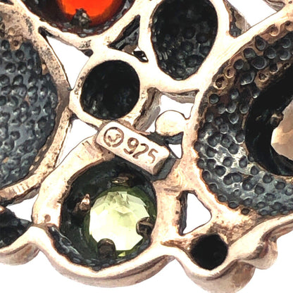 Vintage J 925 Sterling Silver Multi Gemstone Textured Pendant Silk Necklace