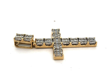 10K Yellow Gold Baguette Round Diamond Pave Statement Cross Pendant