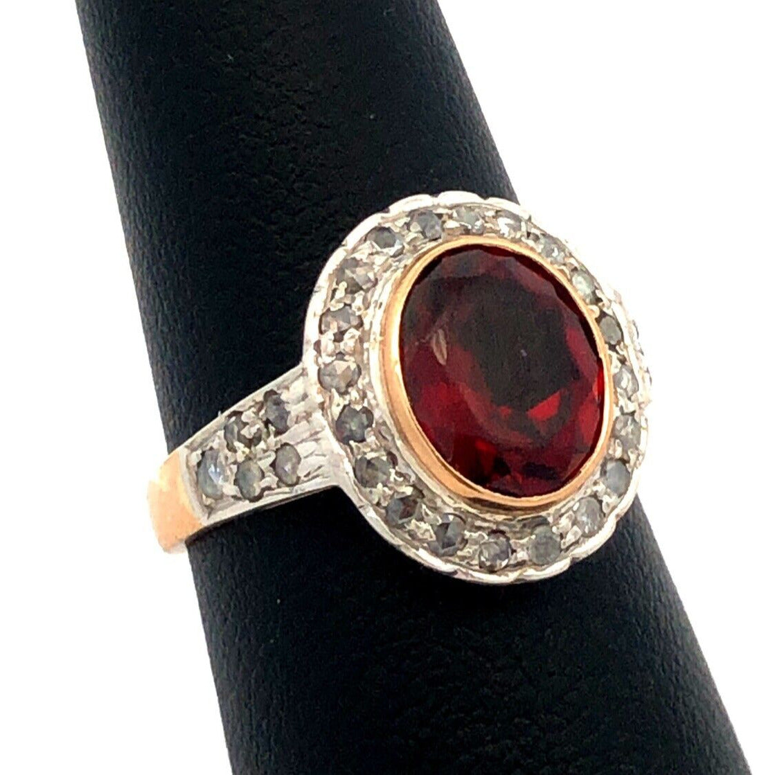 Vintage 18K Yellow Gold Oval Red Garnet Bezel Diamond Halo Cocktail Ring