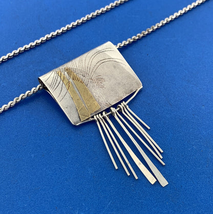 Vintage Signed Artisan 925 Sterling Silver Modernist Abstract Two Tone Necklace