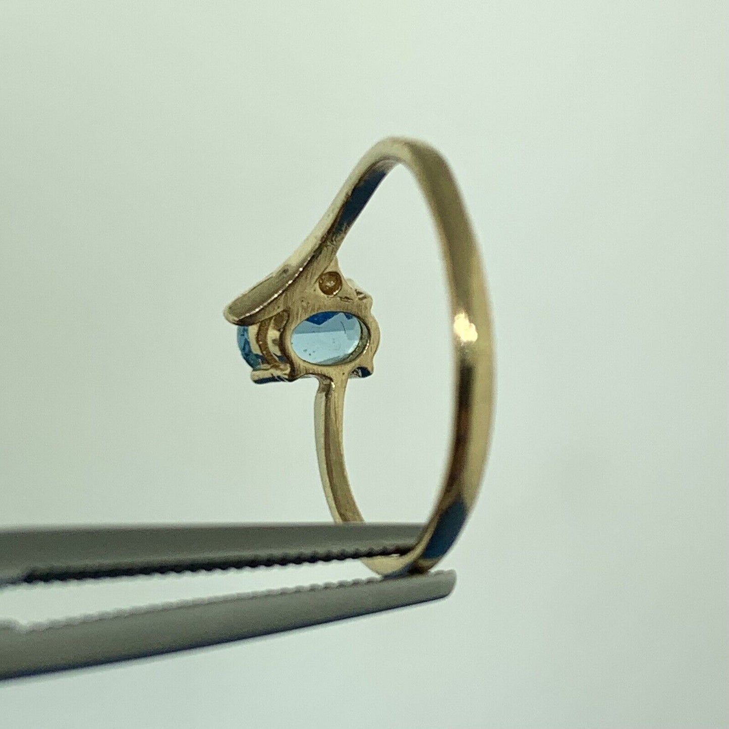 Designer 14K Yellow Gold Oval Blue Topaz Diamond Accent Size 4.5 Ring