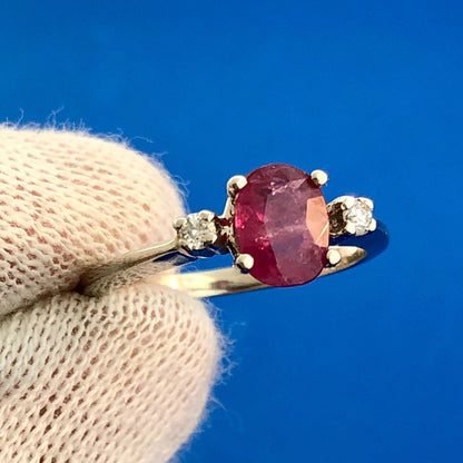 Vintage 14K White Gold Oval Ruby Solitaire Diamond Accent July Anniversary Ring