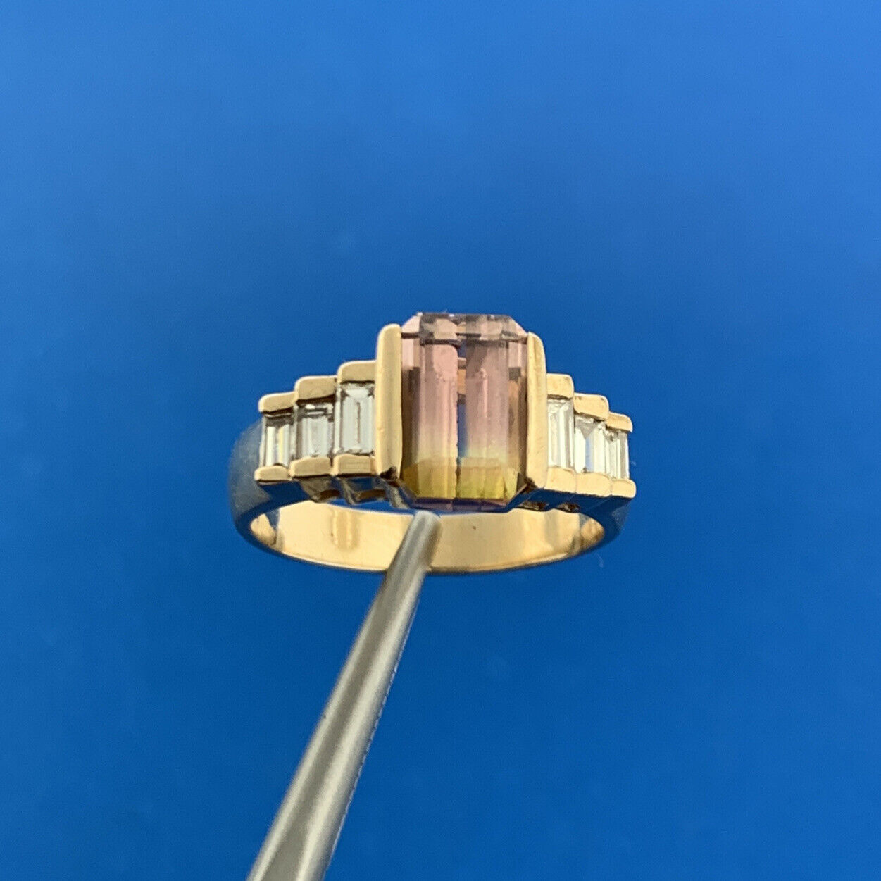 Vintage 14K Yellow Gold Watermelon Tourmaline Diamond Waterfall Cocktail Ring
