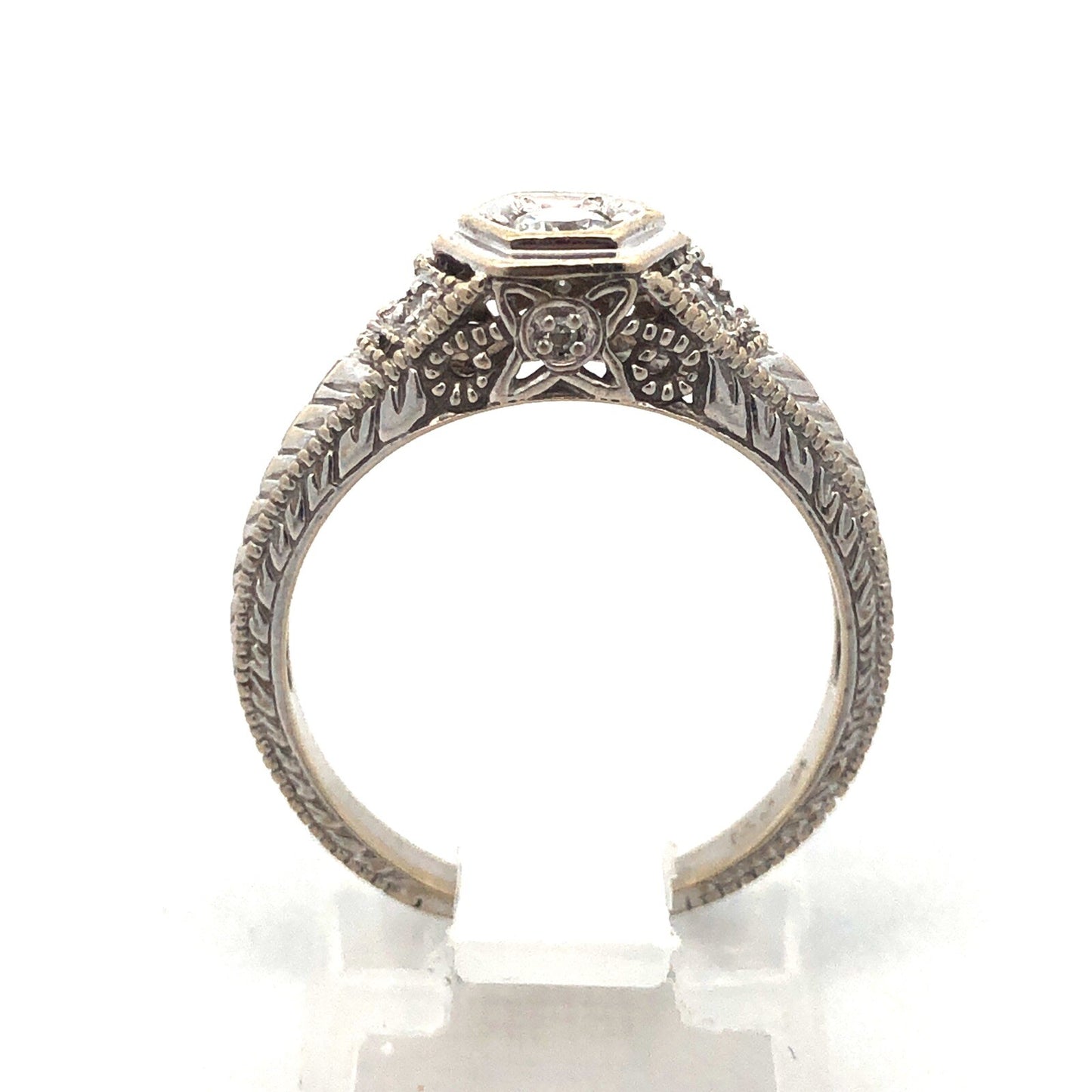 14k White Gold Round Solitaire Diamond W/Accents Art Deco Engagement Ring