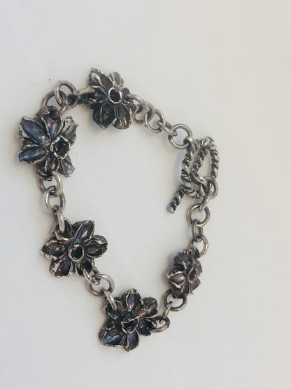 Native American Signed Sterling Silver 925 Flower Panel Toggle Bracelet