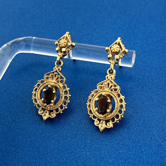 Gorgeous 14k Yellow Gold Oval Cut Red Garnet Openwork Filigree Dangle Earrings