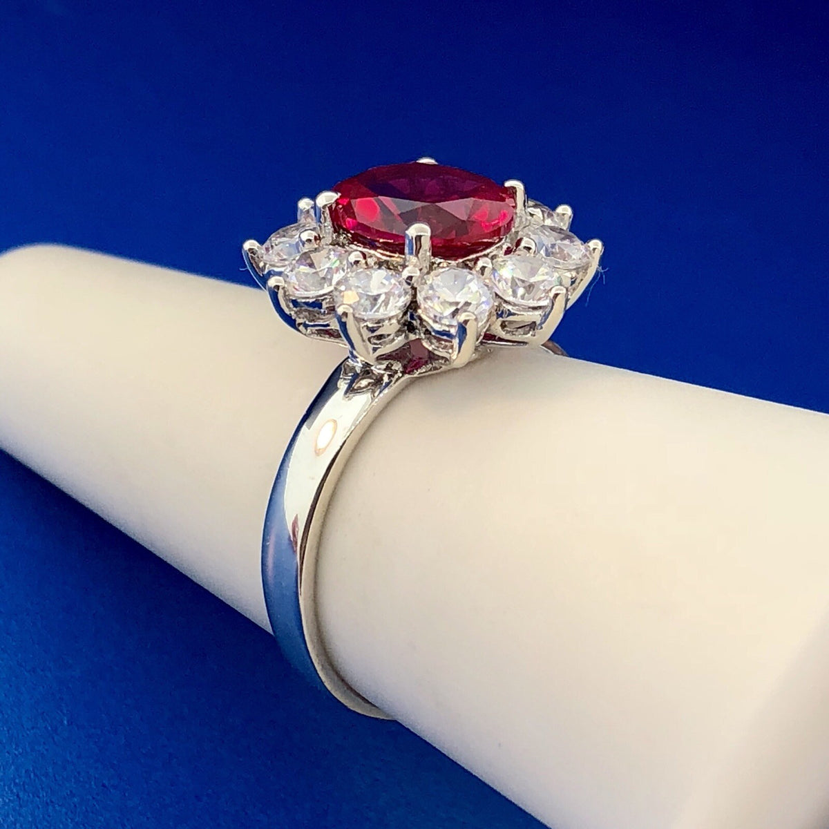 Stunning Siri Sterling Silver Oval Ruby Cubic Zirconia CZ Halo Cocktail Ring