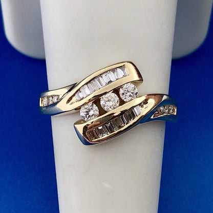 Retro Modernist 14K Yellow Gold Diamond Trio Accented Bypass Anniversary Ring
