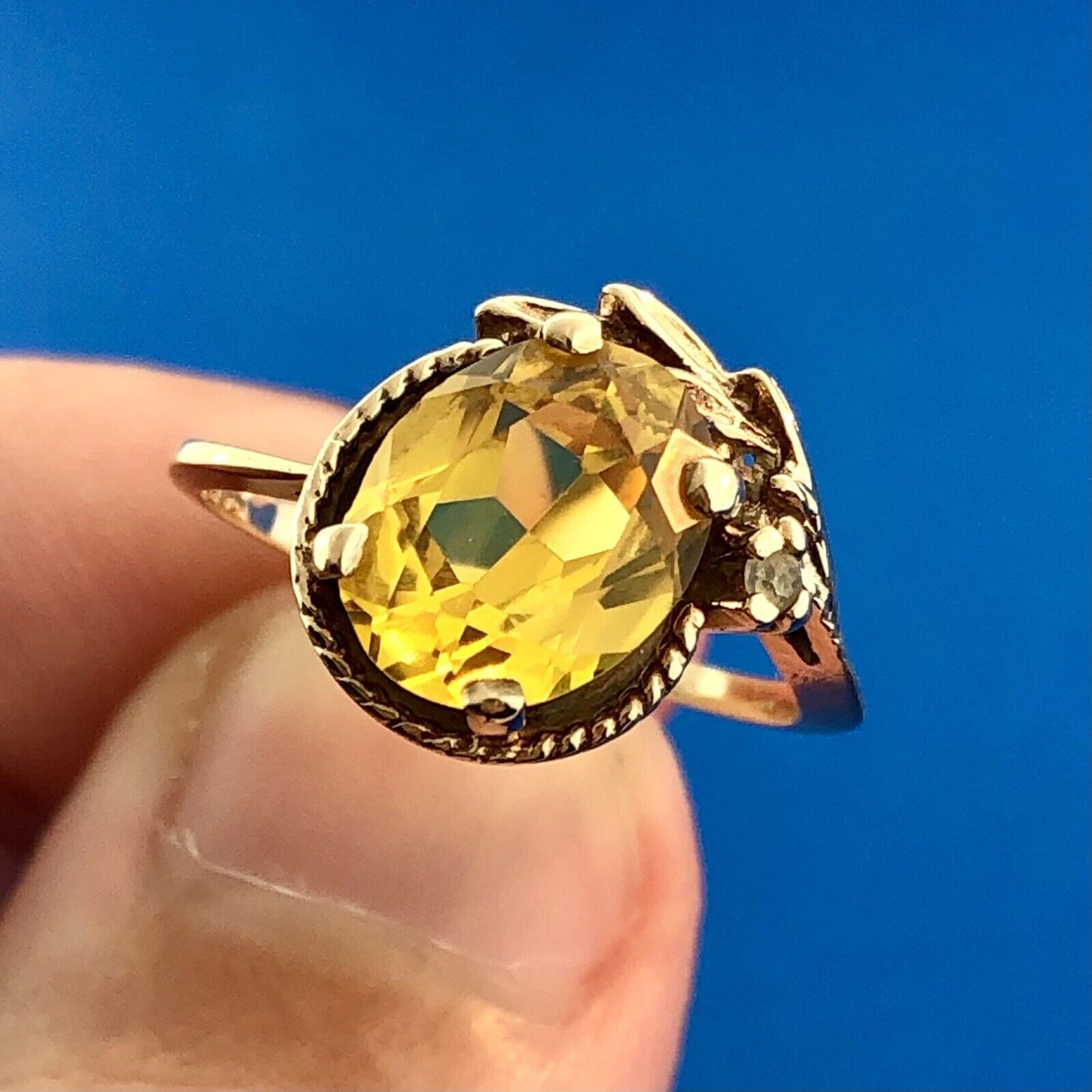 Retro TCI 10K Yellow Gold Oval Citrine Diamond Accent November Anniversary Ring
