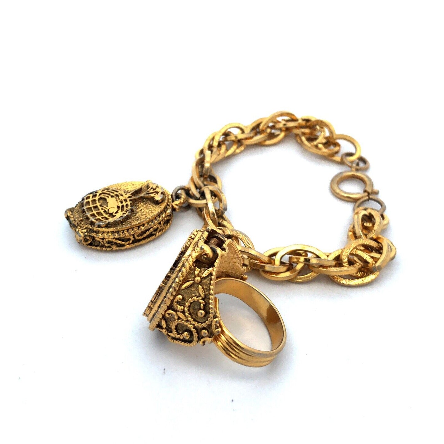 1960's Corday Rare Gold Tone Unicorn In Captivity Perfume Bracelet Ring 2 Pc Set