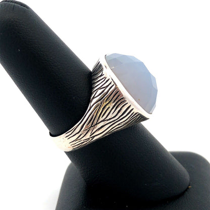 925 Sterling Silver Estate Faceted Oval Blue Moonstone Bark Textured Dome Ring
