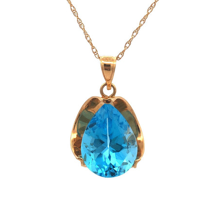 Designer 14K Yellow Gold Pear Blue Topaz Solitaire Statement Pendant Necklace