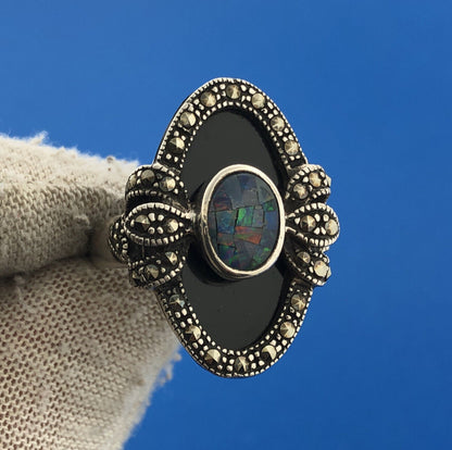 NF Thailand Sterling Silver Black Onyx Marcasite Opal Statement Cocktail Ring