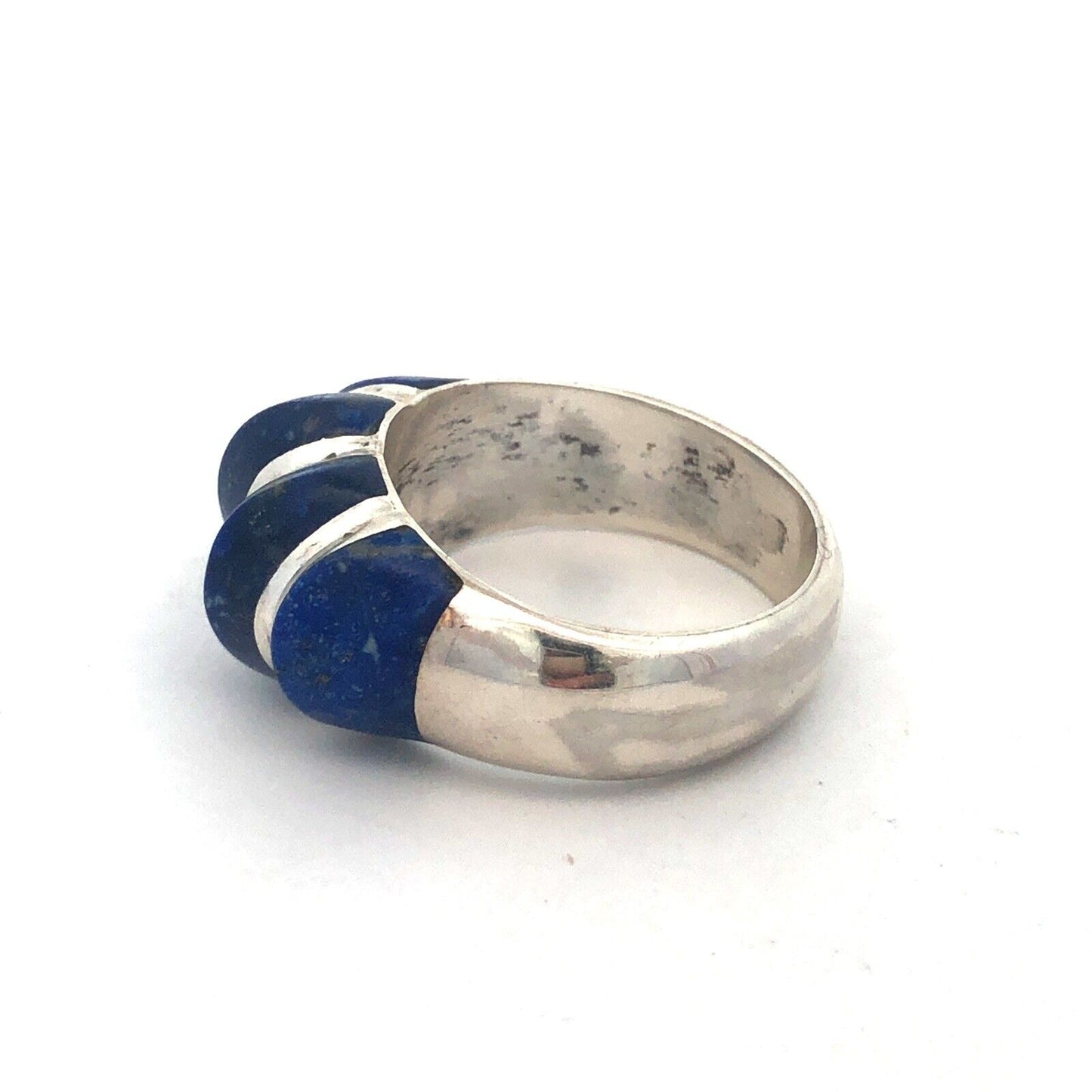 Estate 950 Fine Silver Lapis-Lazuli Modernist Ribbed Dome Size 7.5 Ring