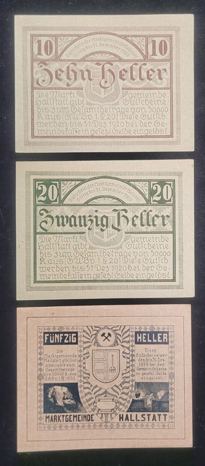 1920 10, 20 & 50 Heller, Hallstatt Market Town Austria Obsolete Bank Note Set