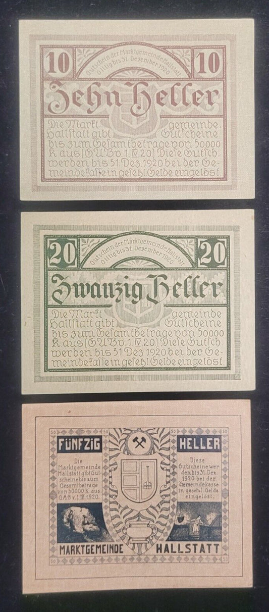 1920 10, 20 & 50 Heller, Hallstatt Market Town Austria Obsolete Bank Note Set