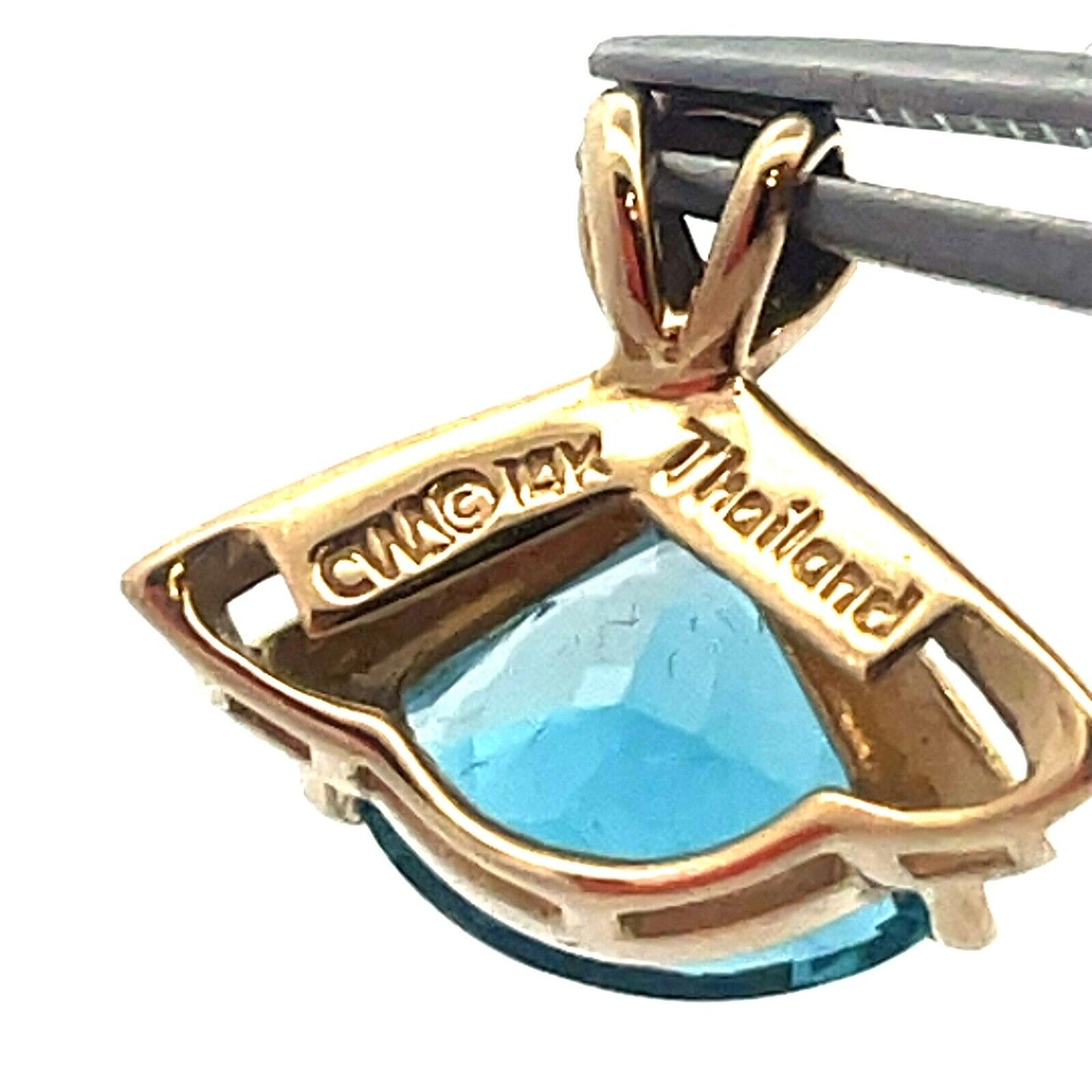 Designer 14K Yellow Gold Trillion Cut London Blue Topaz Statement Drop Pendant