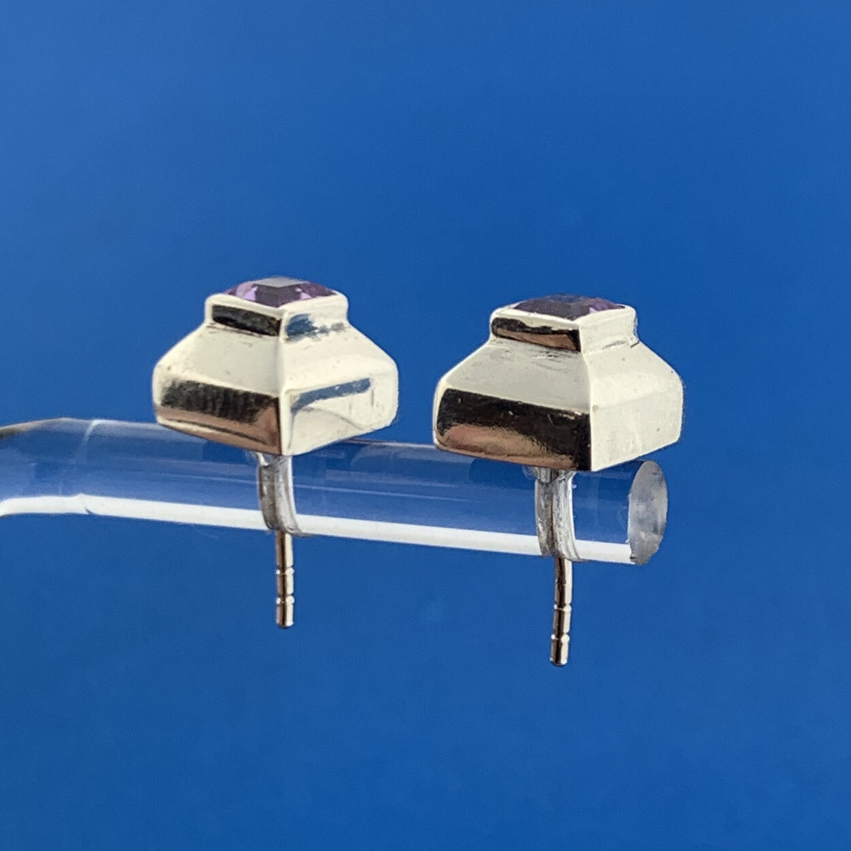 Designer 925 Sterling Silver Amethyst Square Cube Modernist Stud Earrings