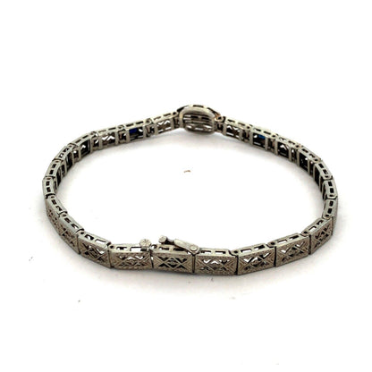 Vintage Art Deco 10K White Gold Diamond Sapphire Filigree Panel Tennis Bracelet