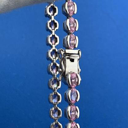 Stunning Designer Sterling Silver Oval Pink Ice Cubic Zirconia Tennis Bracelet