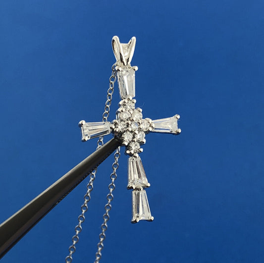 Designer 925 Sterling Silver Cubic Zirconia CZ Communion Bridal Cross Necklace