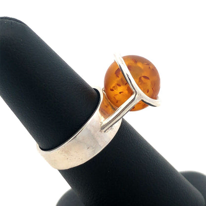 Vintage 925 Sterling Silver Yellow Amber Ball Marble Statement Ring