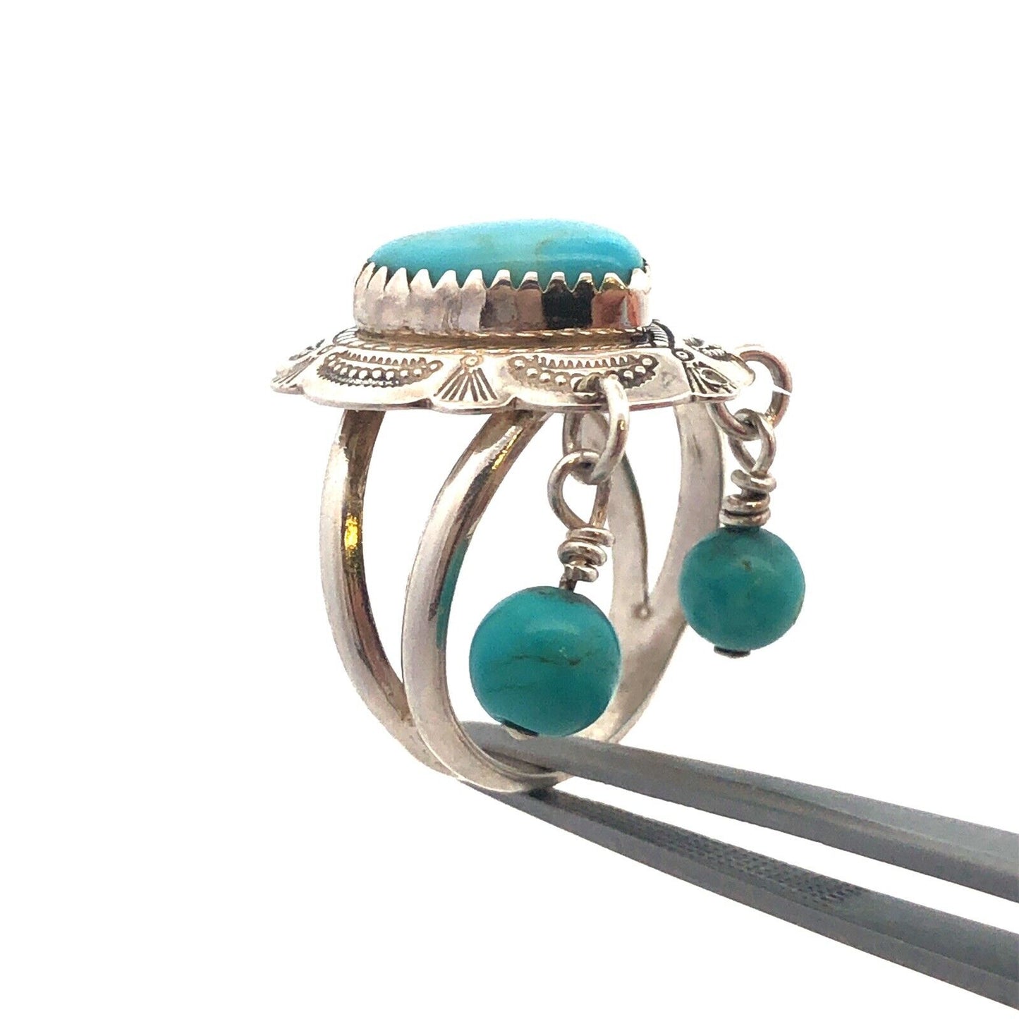 Native American QT 925 Sterling Silver Heart Turquoise Dangle Bead Charm Ring