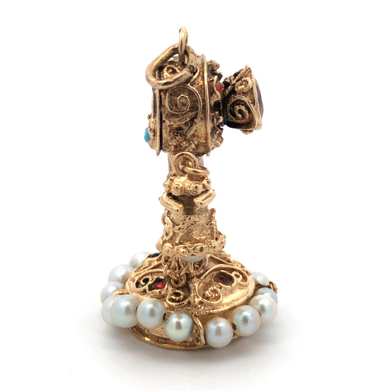 Art Nouveau 14K Yellow Gold Garnet Pearl Turquoise Coral Telephone Pendant