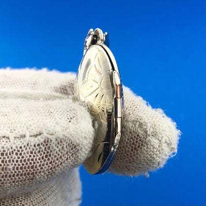 Vintage 925 Sterling Silver Two Toned Floral Etched Oval Locket Pendant