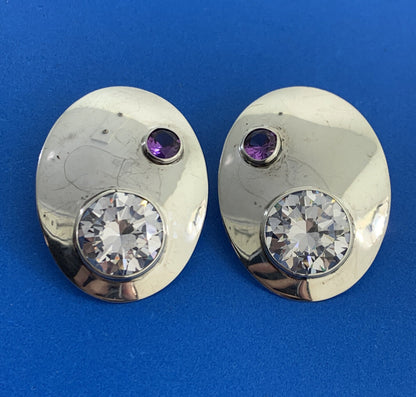 Estate 925 Sterling Silver White Amethyst Purple Sapphire Oval Stud Earrings