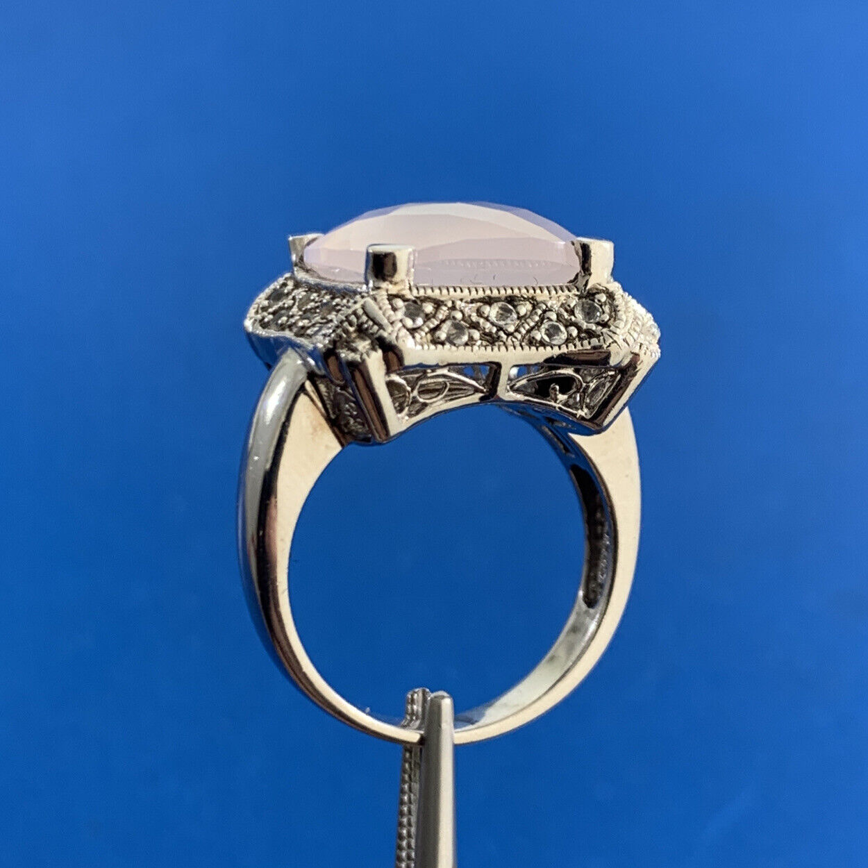 Estate Cushion Cut Rose Quartz Sterling Silver Diamond Accents Statement Ring