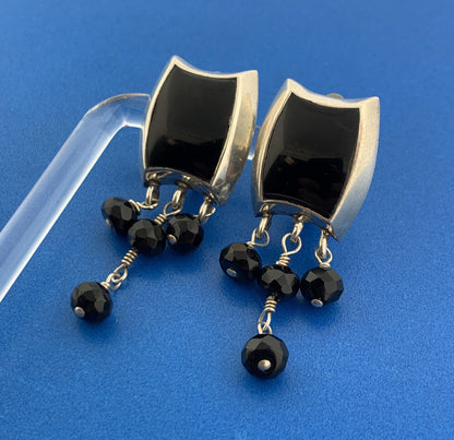 Designer Barse 925 Sterling Silver Black Onyx Cabochon Beaded Clip-On Earrings