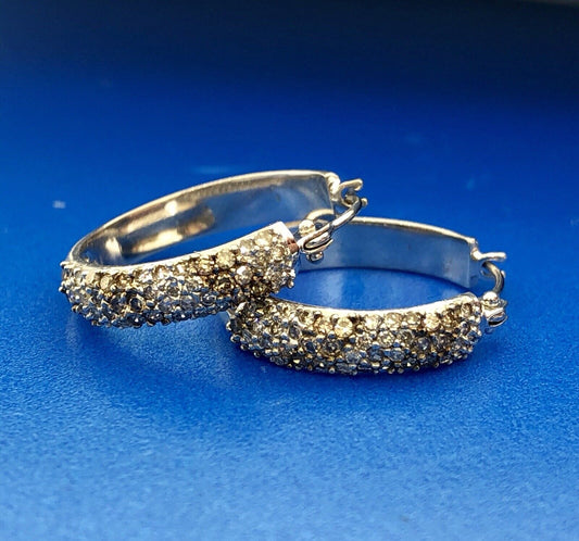 Vintage Designer Mexico 14K White Gold Champagne White Diamond Hoop Earrings