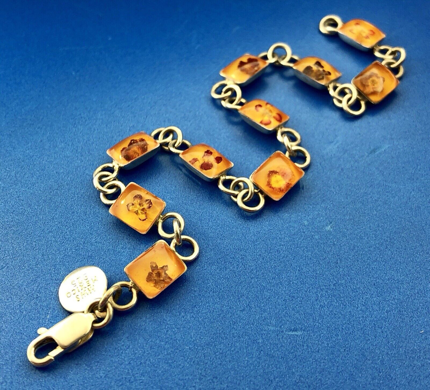 Vintage MWS Taxco Sterling Silver 925 Amber Encased Flower Bud Panel Bracelet