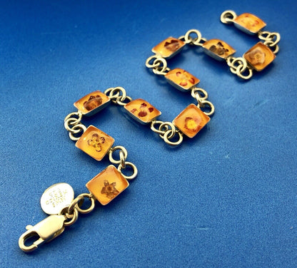 Vintage MWS Taxco Sterling Silver 925 Amber Encased Flower Bud Panel Bracelet