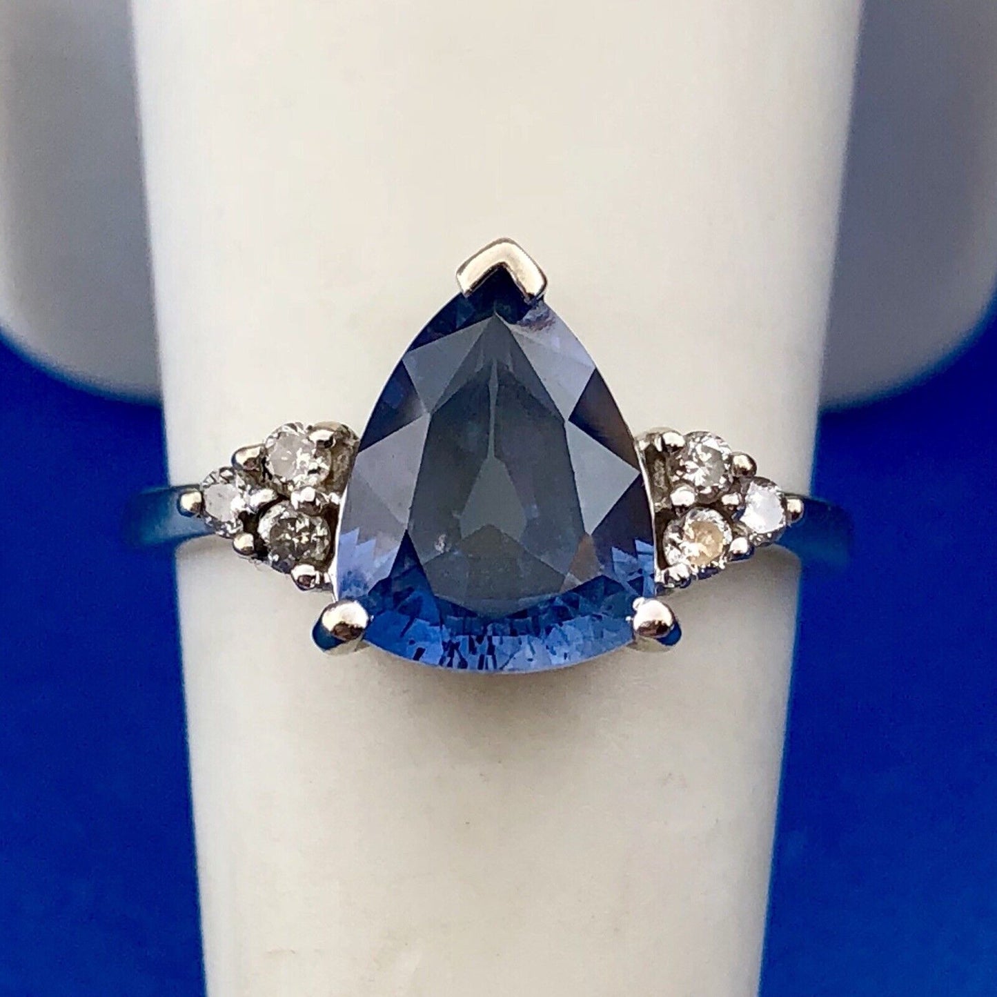 10K White Gold Blue Sapphire Diamond Engagement Anniversary Cocktail Ring