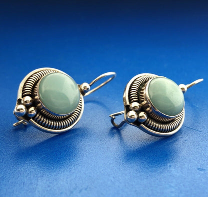 Designer BA Sterling Silver 925 Blue Aventurine Bead Scroll Hook Drop Earrings