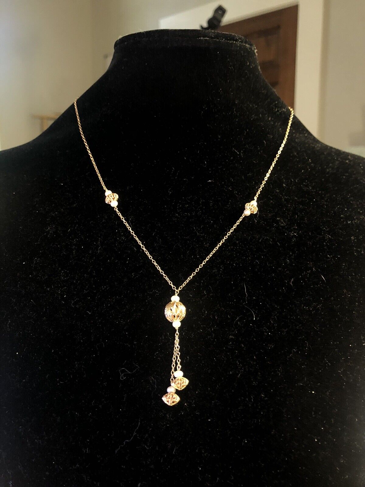 Designer 14K Yellow Gold Pearl Station Drop Dangle Chain Necklace