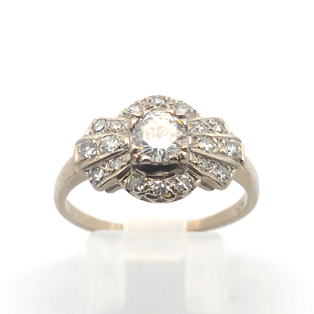 Art Deco 14K White Gold Diamond Solitaire with Accents Wedding Engagement Ring