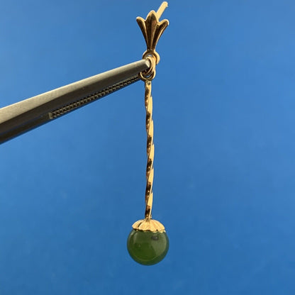 Vintage 14K Yellow Gold Jade Jadeite Ball Bead Dangle Drop Stud Earrings