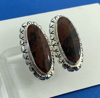 Taxco Mexico TJ-40 925 Sterling Silver Long Oval Red Jasper Stud Earrings