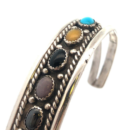 Vintage Signed Old Pawn Native American Oval Mixed Gemstone Open Cuff Bracelet