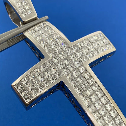 Custom 18K White Gold Princess Diamond Encrusted Statement Cross Pendant